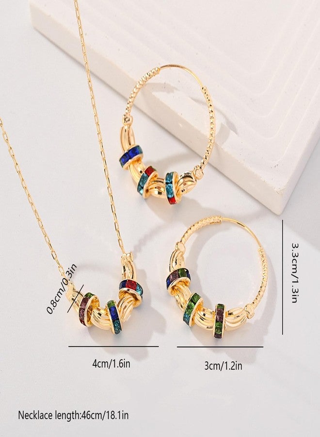 disclean Women's Gold Tone Twisted Hoop Earrings and Necklace Set with Colorful Simulated Gemstones - Fashionable Jewelry Set - Image 2